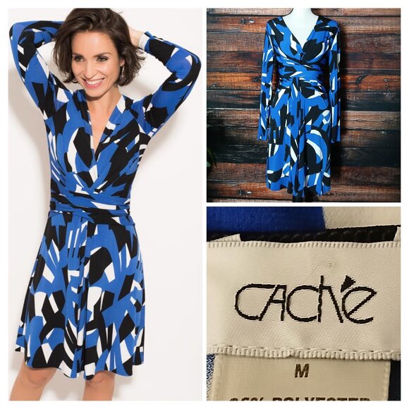 Cache Dress Size M Wrap Tie Ruched Long Sleeve Stretch Royal Blue Geometric - Picture 1 of 9